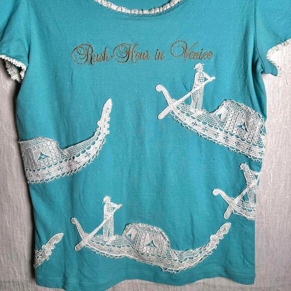 Moschino “Rush Hour in Venice” Light Blue Crochet Detailed Tee - Size Small - Picture 3 of 8